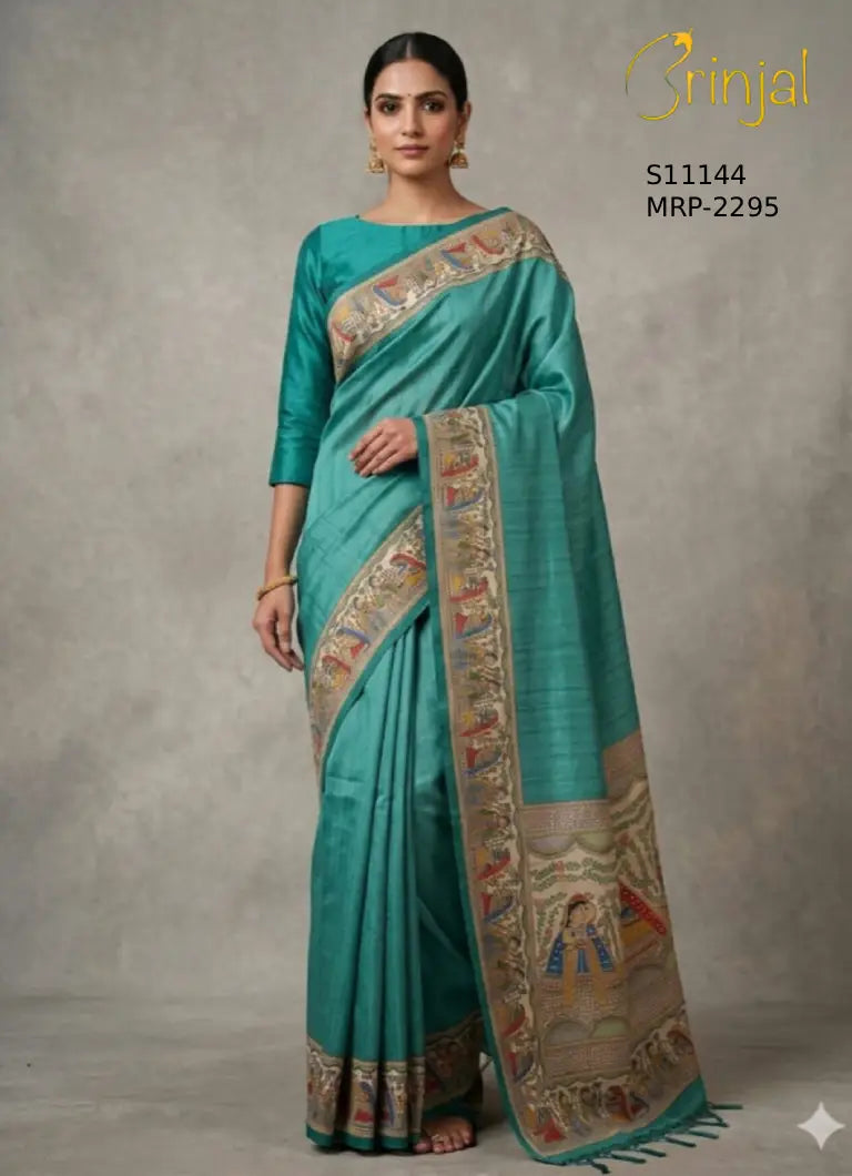 Teal Green Silk Blend Woven Floral Madhubani Saree