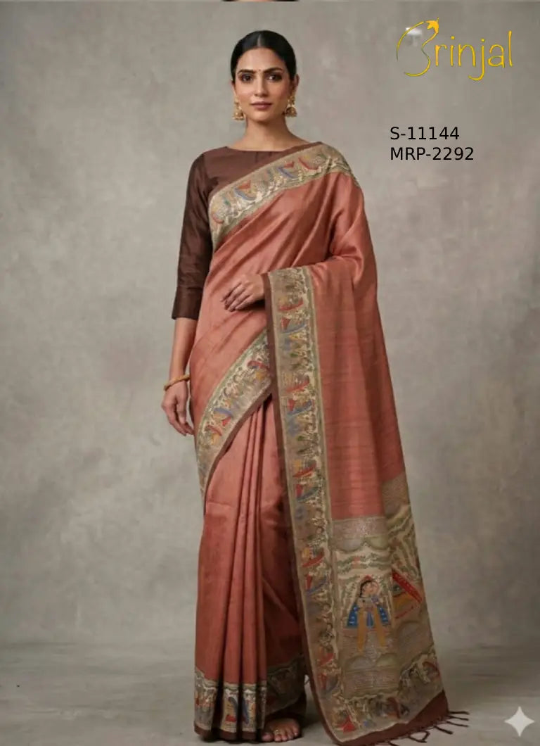 Rosewood Silk Weaving Floral Saree with Heritage Paithani Border