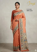 Brinjal Peach Handloom Saree with Madhubani Art Border