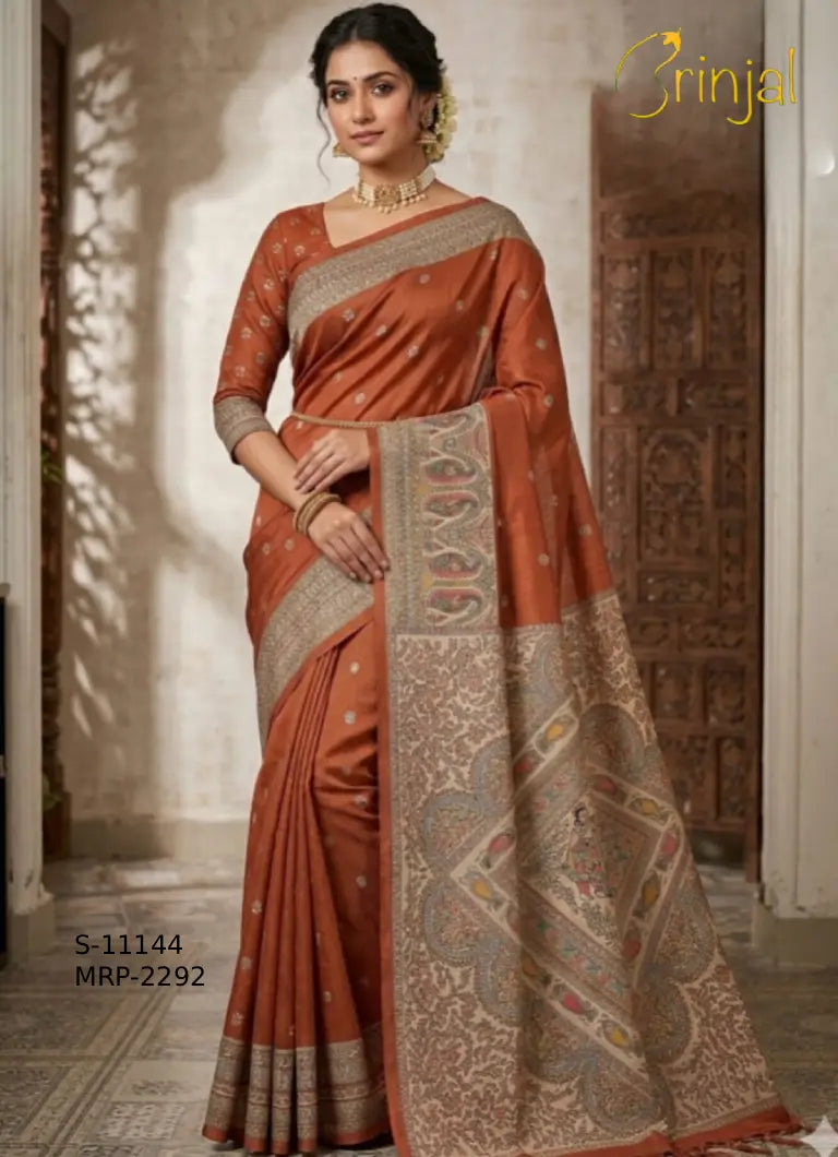 Brinjal Elegant Rust Floral Woven Saree