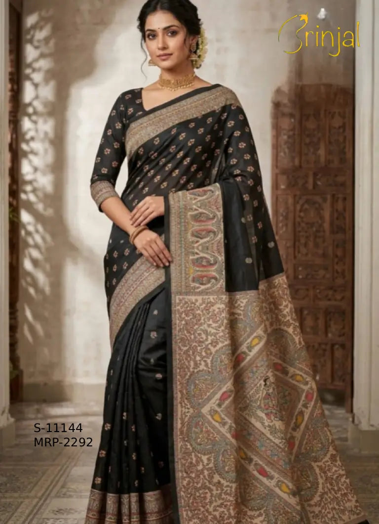 Brinjal Black Woven Floral Motif Art Silk Saree
