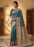 Elegant Dusty Blue Floral Weaving Saree with Rich Zari Border