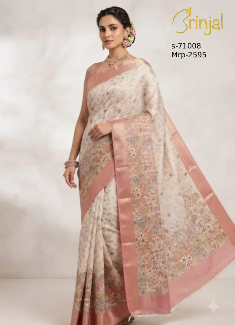 Floral Weaving Organza Silk Saree in Pastel Rose & Cream