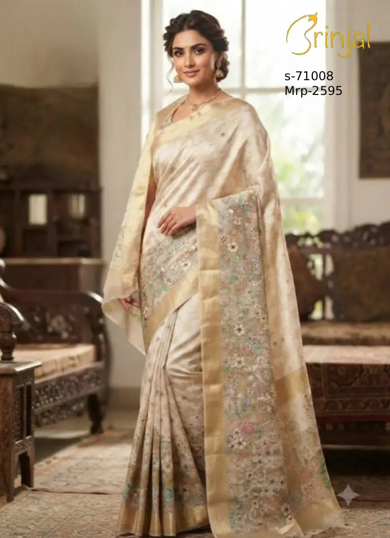 Ivory Floral Weaving Silk Saree with Zari Border
