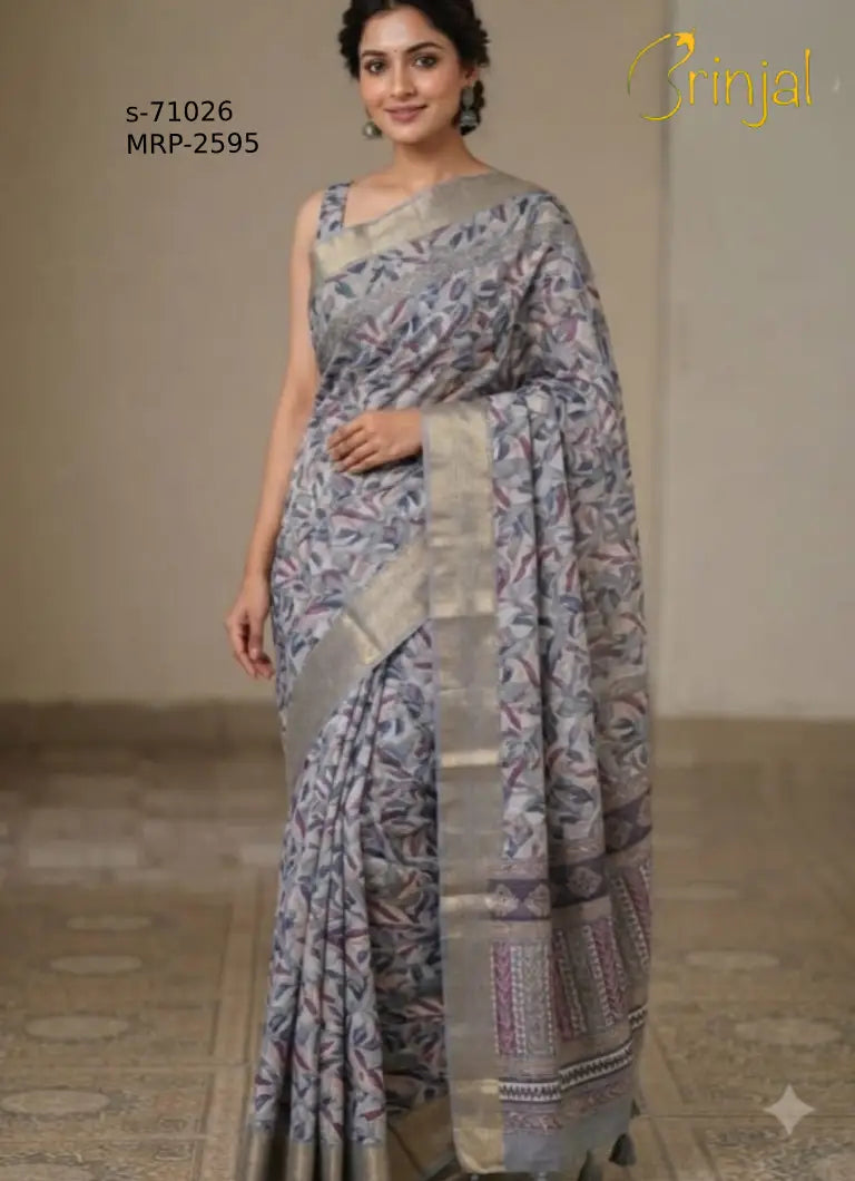 Premium Handwoven Floral Saree with Zari Border – Muted Grey
