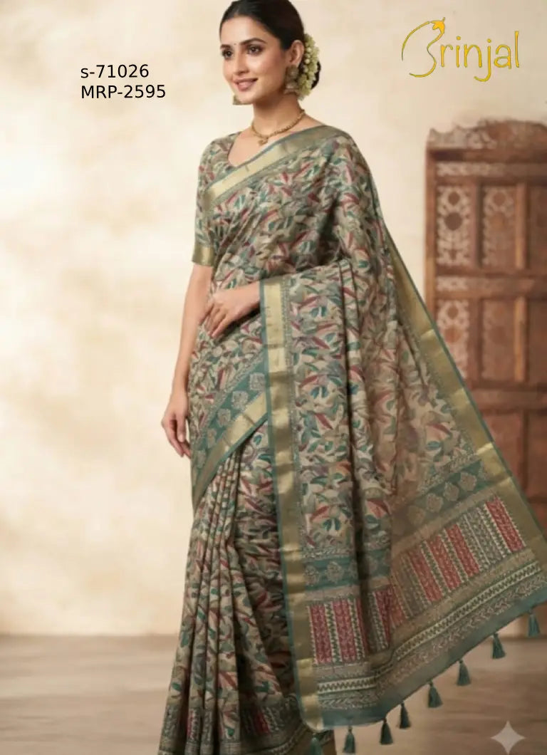 Brinjal Elegant Floral Weaving Saree - Teal Green