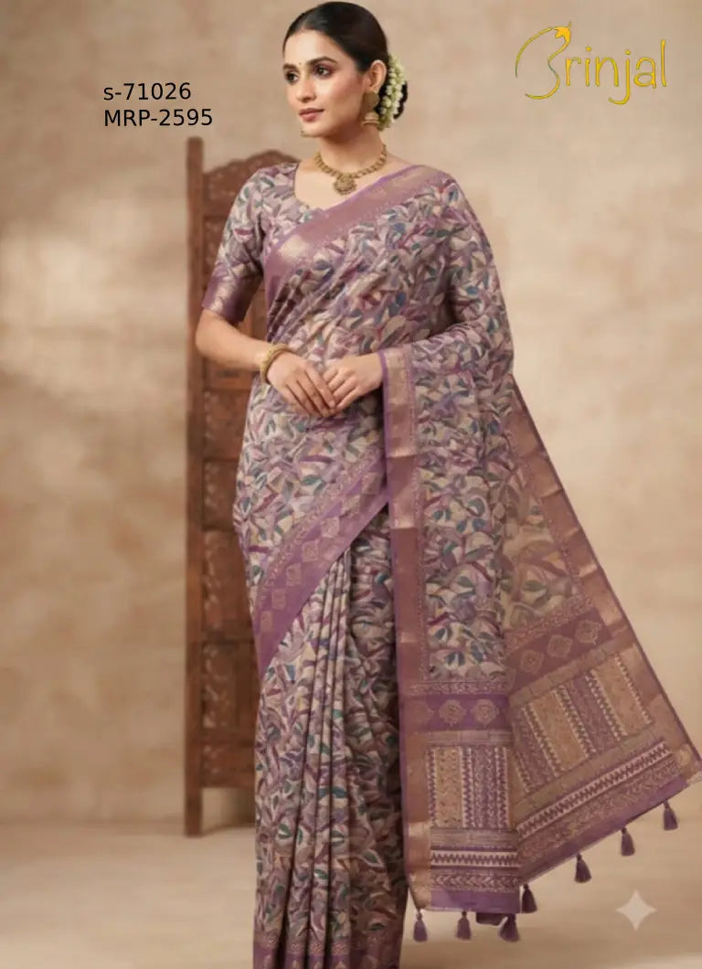 Brinjal Floral Weaving Elegant Organza Saree