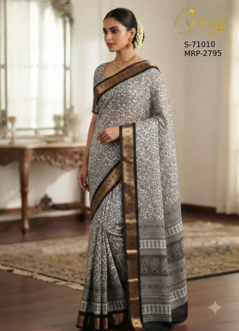 Brinjal Grey Floral Weaving Saree with Zari Border