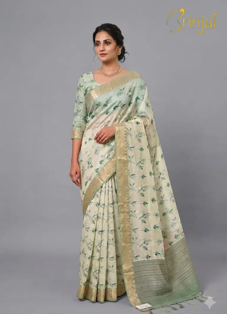 Off-White & Mint Green Linen Slub Saree with Gold Zari Border