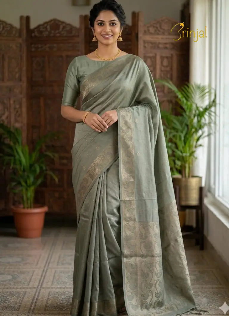 Sage Green Chanderi-Tussar Silk Saree with Zari Border