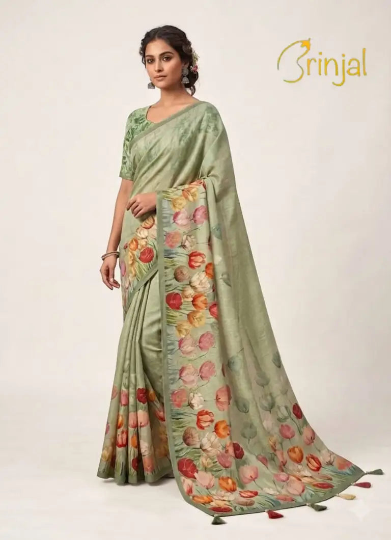 Sage Green Chanderi Tussar Floral Saree