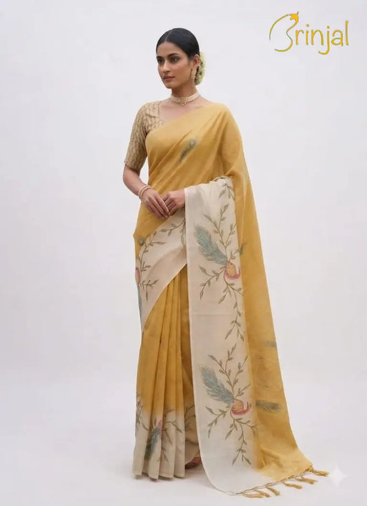 Mustard Katai Silk Saree with Off-White Border