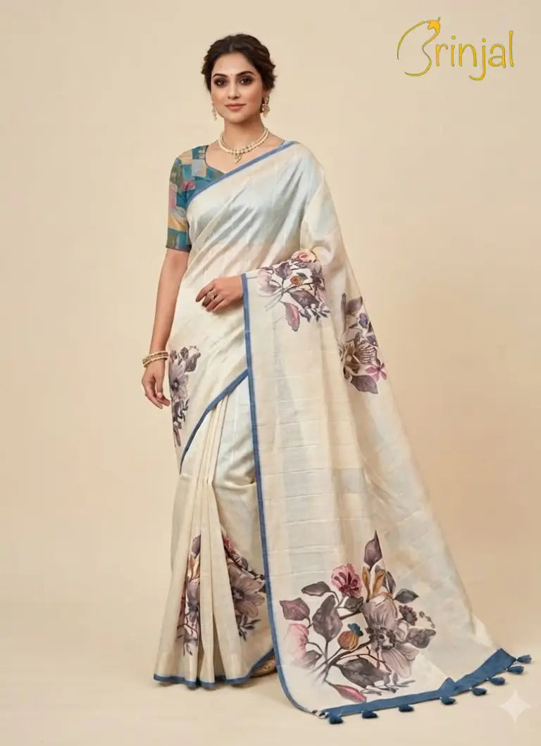 Floral Printed Tussar Silk Saree