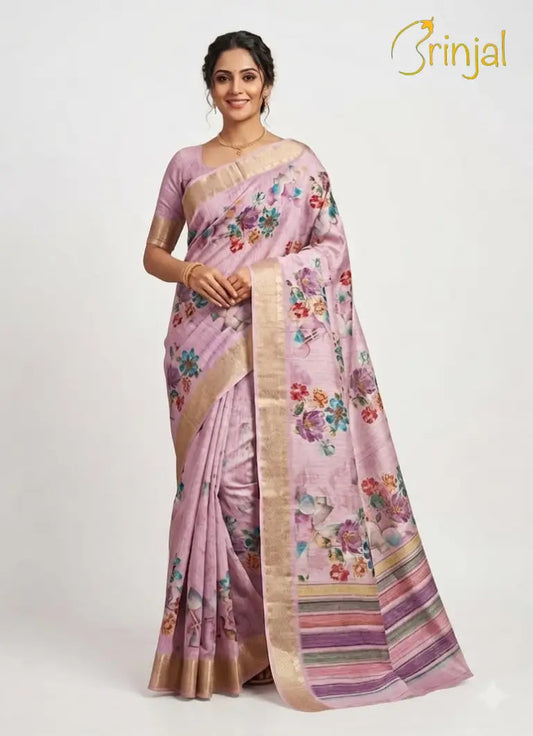 Floral Brinjal Tussar Silk Saree
