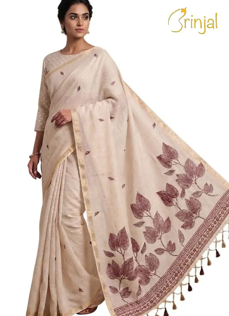 Chanderi Silk Saree in Off-White & Maroon Floral Motif