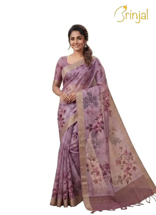 Lavender Floral Print Organza Silk Saree with Zari Border