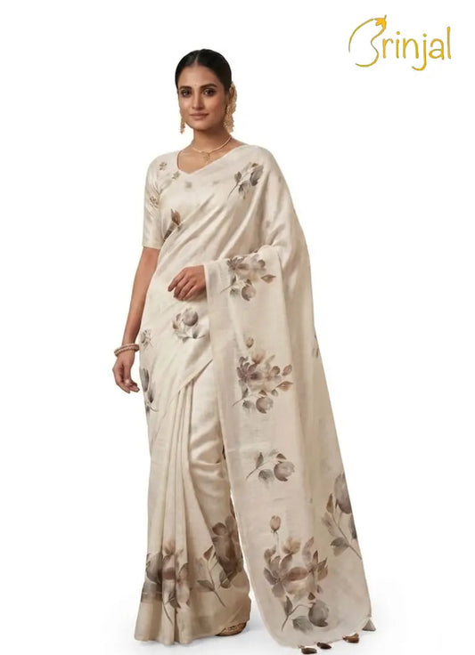 Ivory Floral Chanderi Cotton Saree