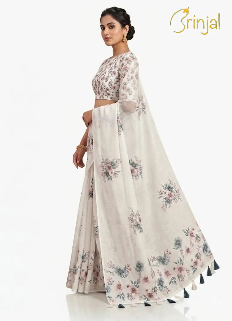Floral Linen Slub Saree