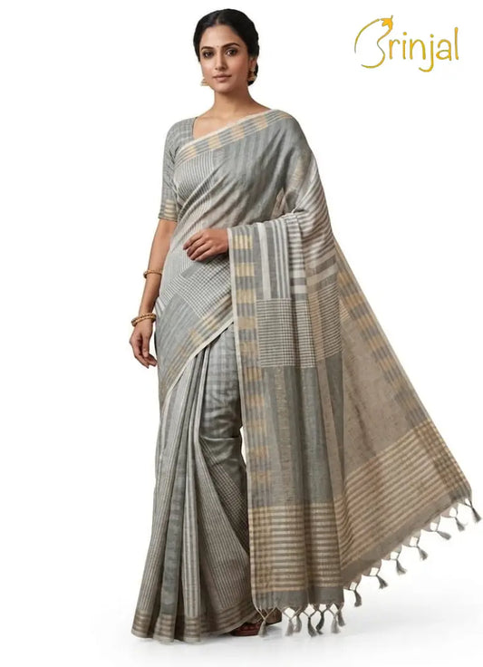 Silver Grey Striped Chanderi Tussar Saree
