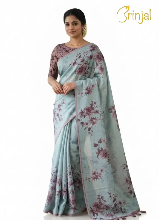 Floral Print Chanderi Cotton Saree - Sky Blue