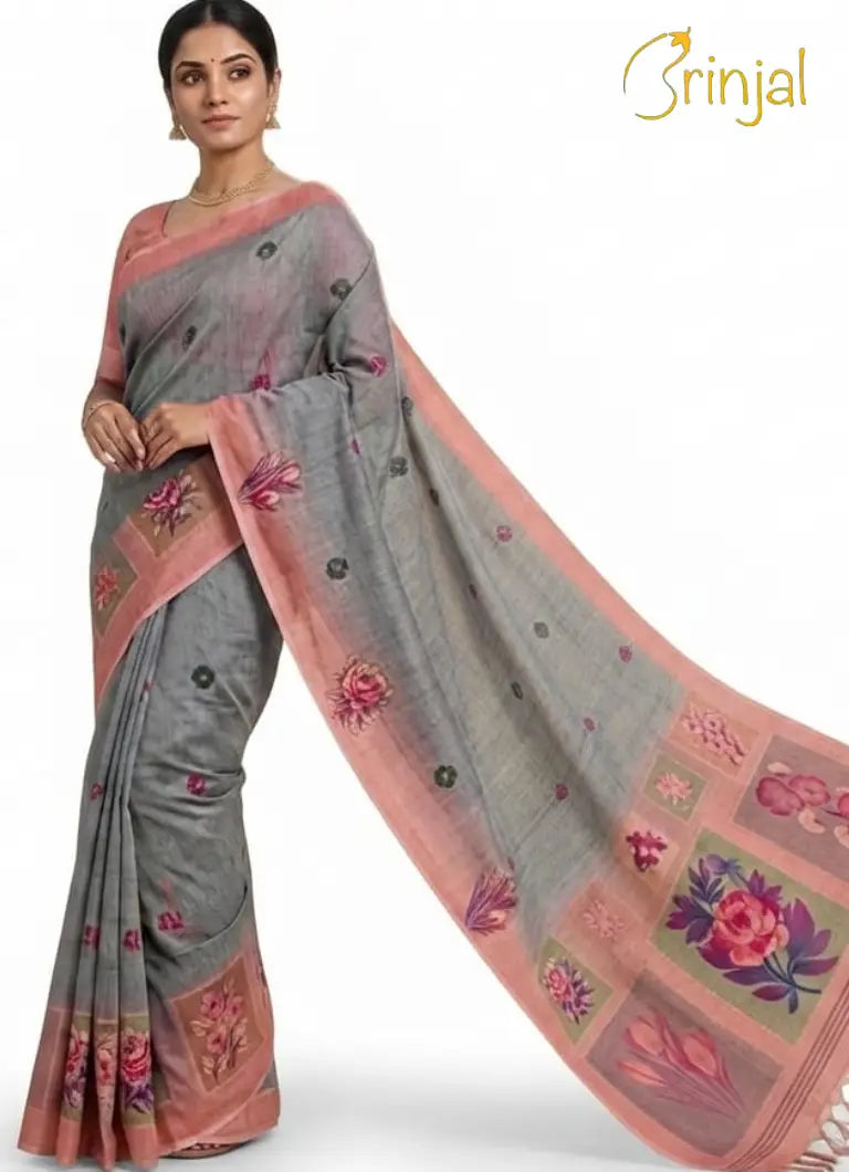Grey Floral Chanderi Cotton Saree