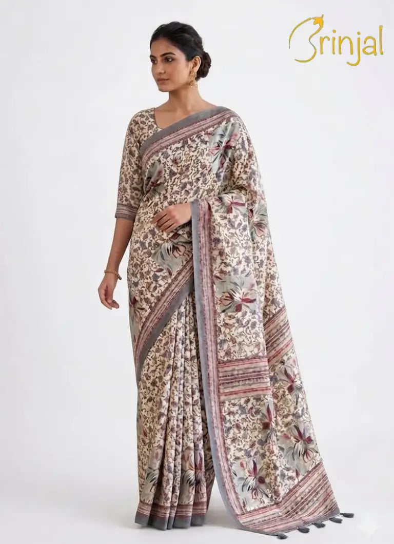Chanderi Tussar Floral Printed Saree