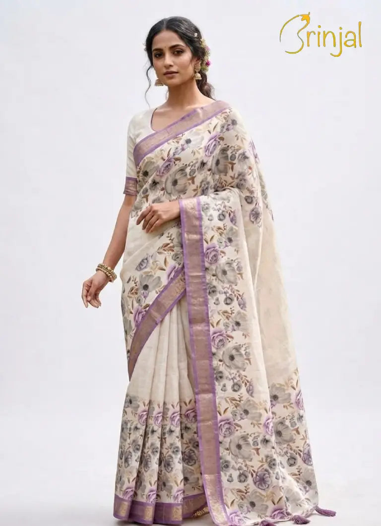 Floral Print Ivory Tussar Saree with Purple Zari Border