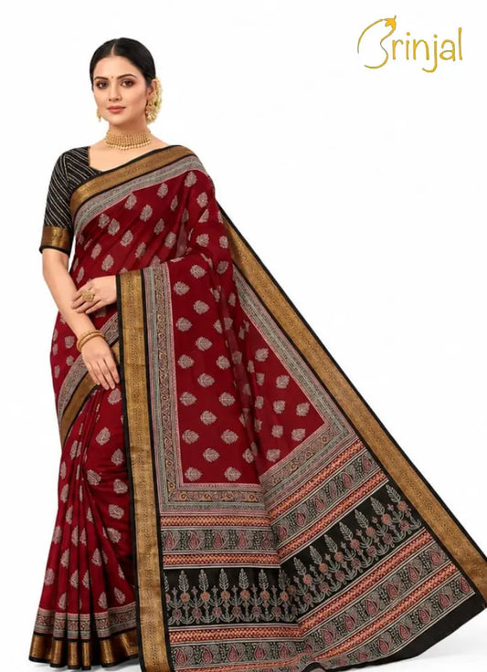 Traditional Maroon Block Print Cotton Saree