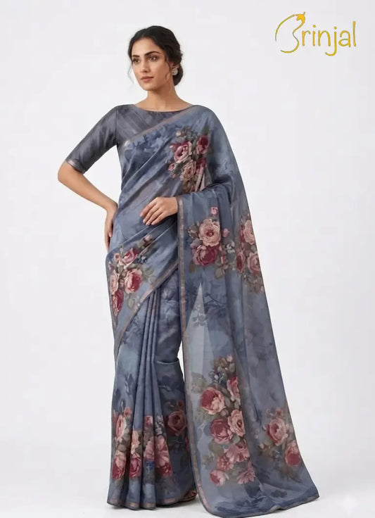 Grey Floral Printed Cotton Saree