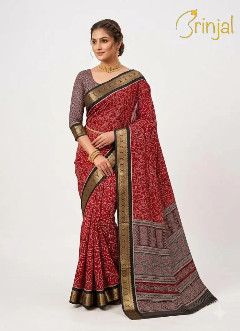 Hand Printed Maroon Cotton Saree