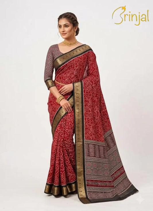 Hand Printed Maroon Cotton Saree