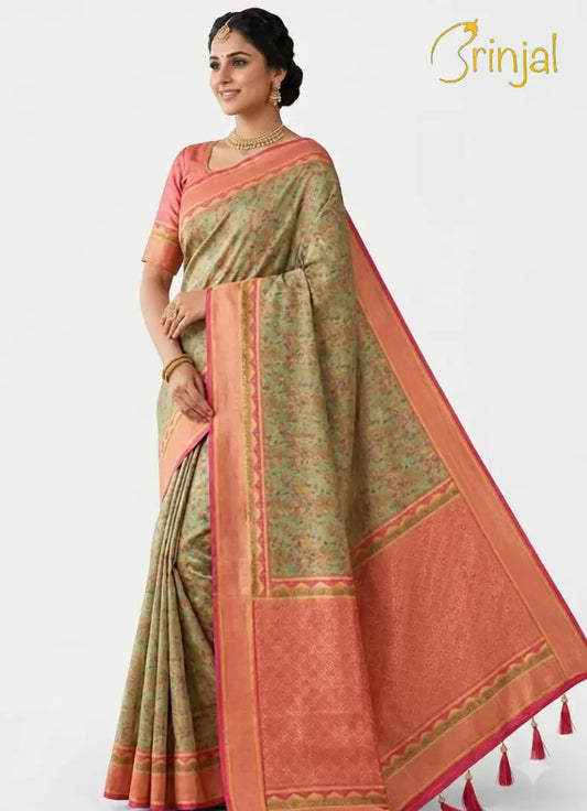 Traditional Floral Printed Silk Saree with zari Border