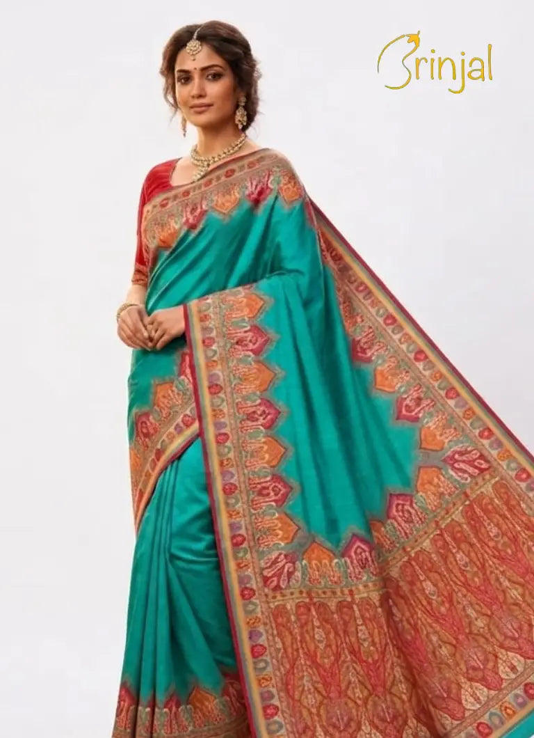 Teal Silk Saree with Kashmiri Kalamkari Border