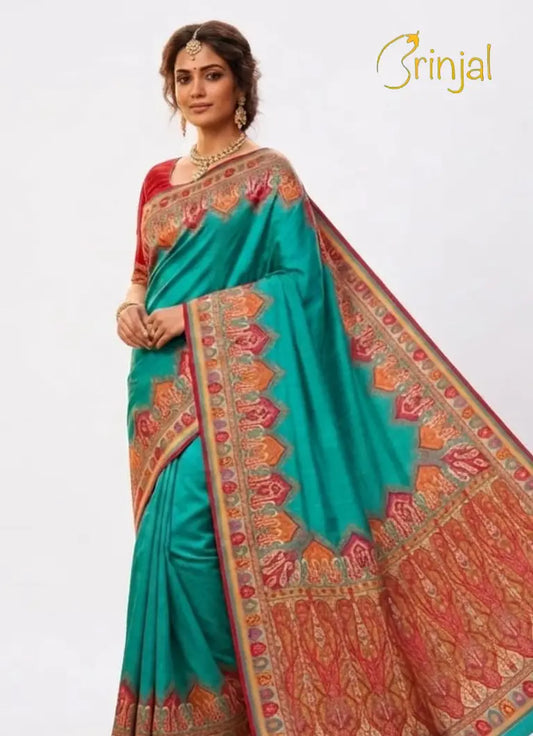 Teal Silk Saree with Kashmiri Kalamkari Border