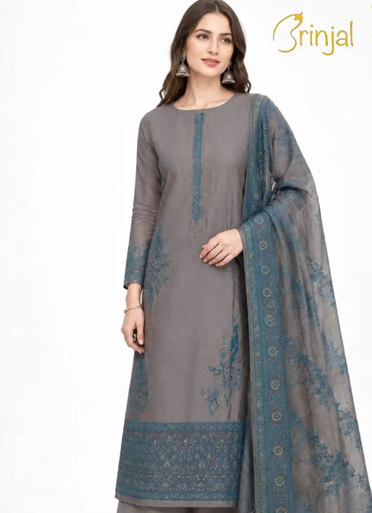 Slate Grey & Teal Woven Chanderi Unstitched Suit Set