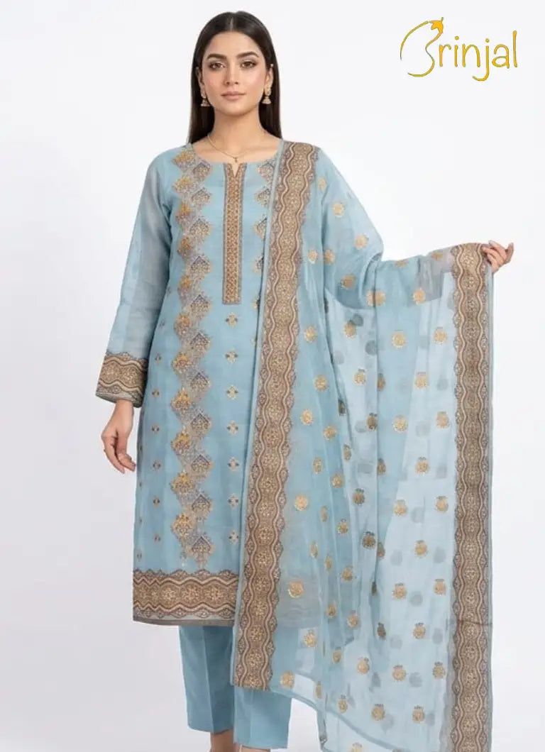 Brinjal Powder Blue Embroidered Cotton Silk 3-Piece Suit