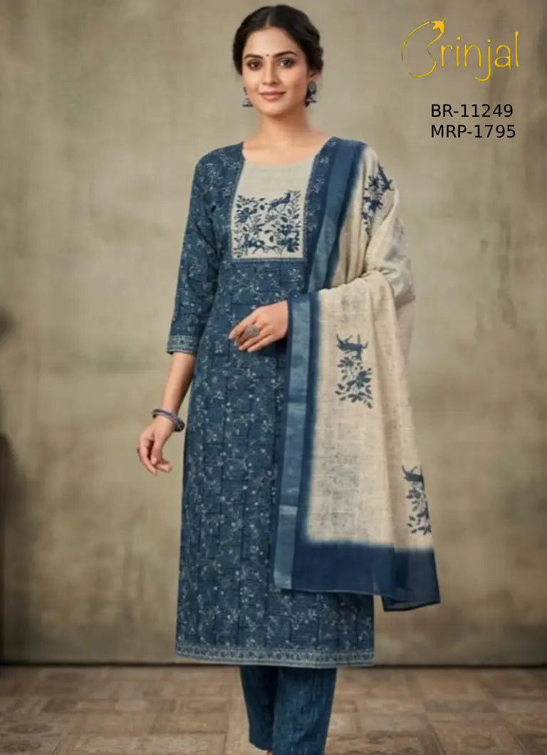 Indigo Floral Hand-Embroidered Unstitched Suit Set