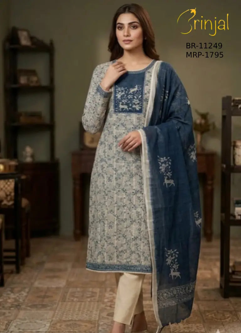Brinjal Blue Embroidered Unstitched Suit