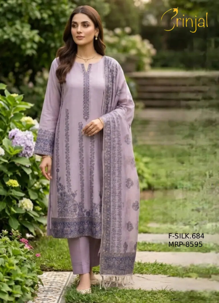 Fine Silk Embroidered Suit in Lavender Mist
