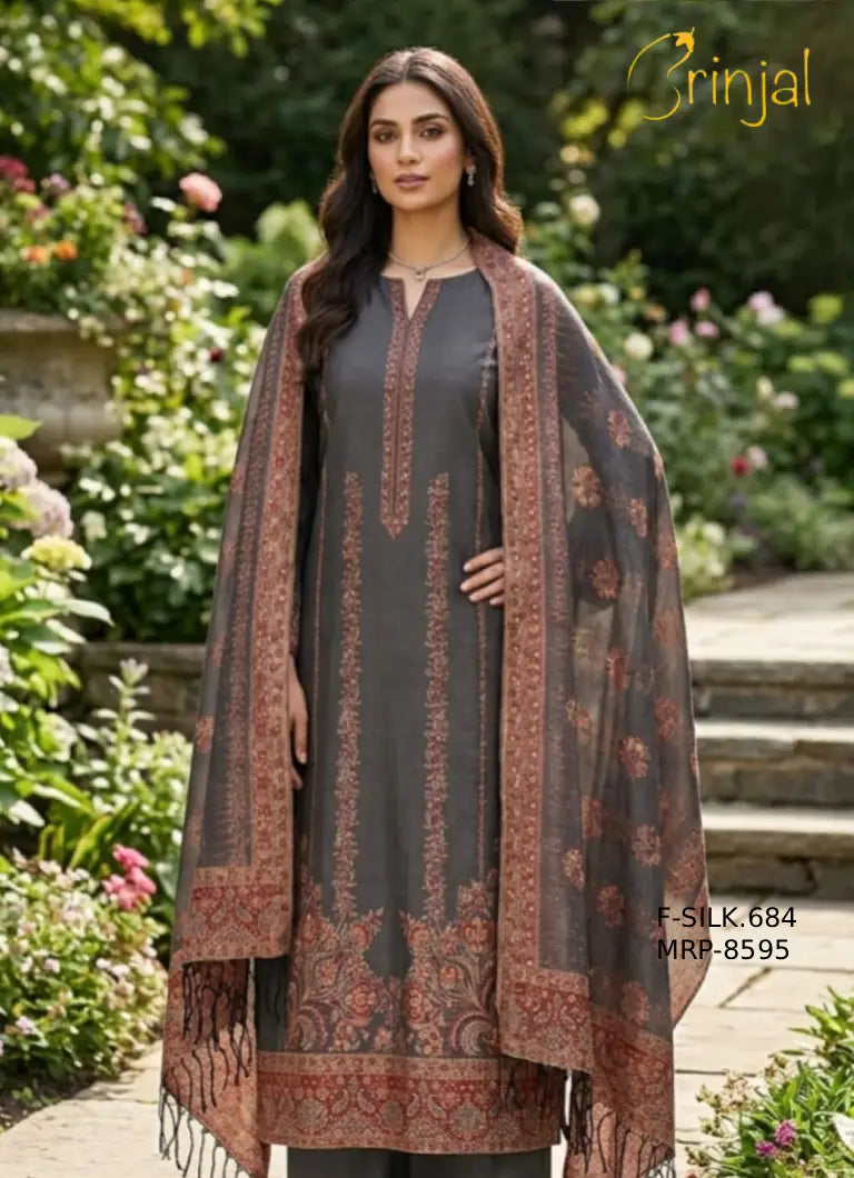 Charcoal Gray Embroidered Fine Silk Suit Set