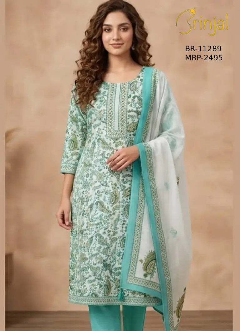 Brinjal Mint Green Paisley Unstitched Suit Set