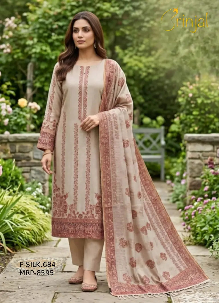 Brinjal Fine Silk Kashmiri Embroidered Suit Set