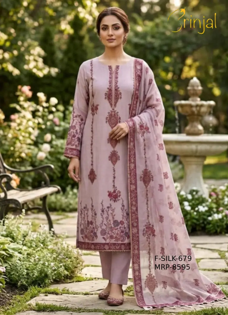 Premium Silk Embroidered Unstitched Suit – Lavender Mist