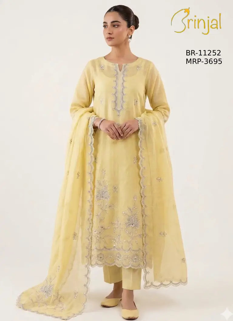 Brinjal Pastel Yellow Embroidered Unstitched Suit Set
