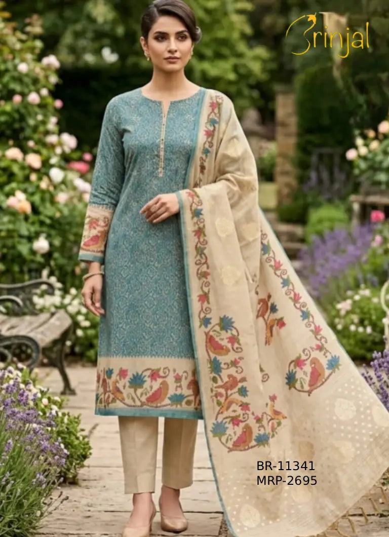BRINJAL Kashmiri Heritage Floral Embroidered Suit Set