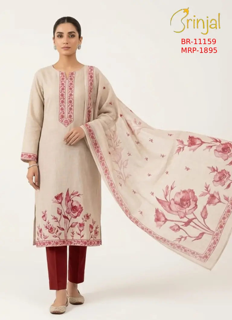 Brinjal Elegant Floral Unstitched Linen Suit Set