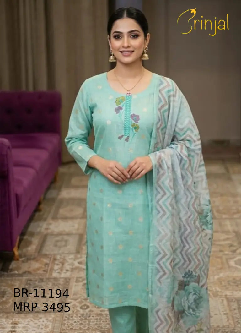 Unstitched Light Teal Floral Motif Suit Set