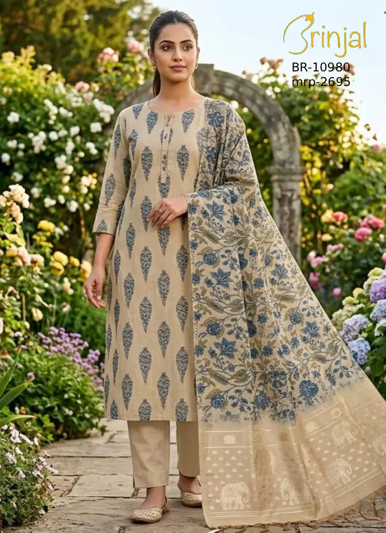 Beige Floral Chanderi Cotton Suit Set