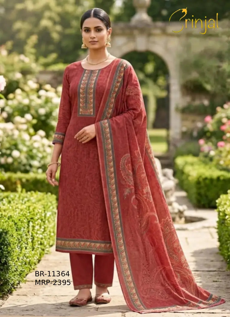 Kashmiri Embroidered Rust Unstitched Suit Set