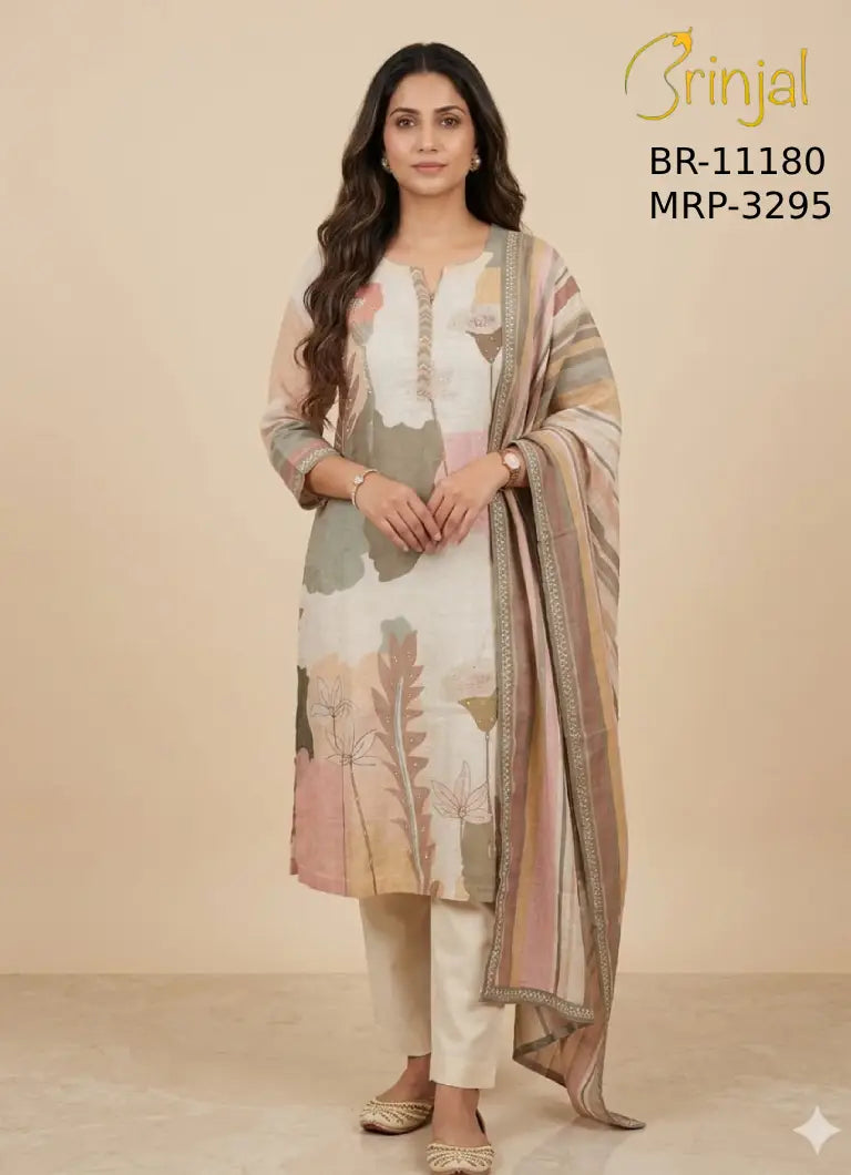 Elegant Printed & Embroidered Cotton-Linen Tunic Suit